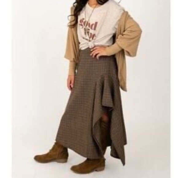 Joyfolie Tweed Maxi Skirt Small Neutrals Plaid Ruffle Brown - Picture 1 of 9